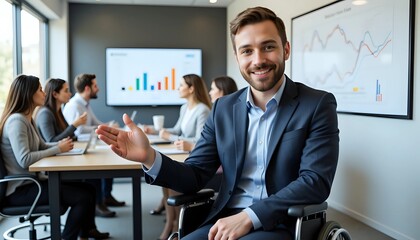 Smiling businessman in wheelchair presenting at diverse team meeting