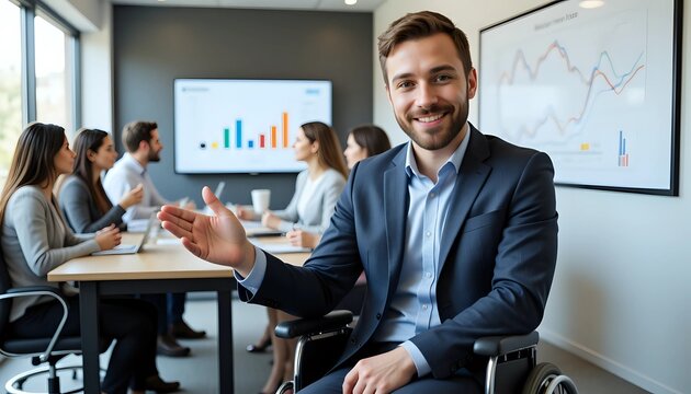 Smiling businessman in wheelchair presenting at diverse team meeting
