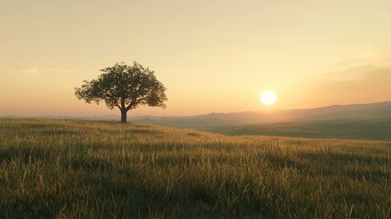 Fototapeta premium Solitary tree in grassy field at sunset.