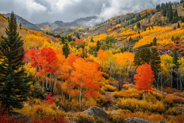Fototapeta premium A breathtaking view of a mountain valley adorned with colorful autumn foliage, Capture the vibrant colors of fall foliage in a scenic landscape