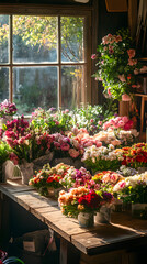 Naklejka premium A vibrant flower shop filled with various bouquets under natural light.