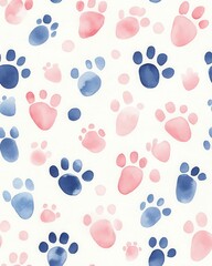 Watercolor Paw Print Seamless Pattern Pink and Blue Prints on White