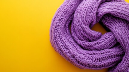 Soft Purple Knitted Scarf Winter Fashion Accessory Cozy Warm Texture Yellow Background Handmade Cable Knit Purple Wool Autumn Winter Apparel Stylish  
