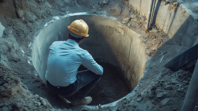 Worker crouched down inside a pit, chamber ring maintenance or installation work. manholes, well, catch basins, septic tank drainage ring