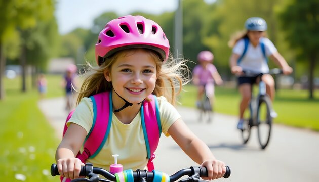 Smiling girl riding bike with friends in park wearing helmet for safety