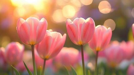 Obraz premium Beautiful pink tulips blooming in a garden during golden hour light