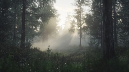 Obraz premium Misty sunrise in a pine forest.