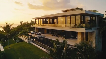 Fototapeta premium Modern luxury beachfront villa at sunset.