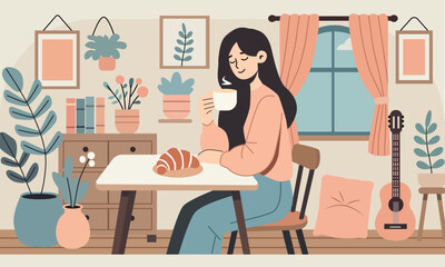 Fototapeta premium Vector illustration of a girl enjoying her morning coffee in a cozy room. A warm atmosphere, pastel tones, Scandinavian interior with plants, books, a guitar, and decor. 