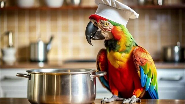 A cute macaw and a white chefs hat. Isolated on a colored background. Studio photo. Tasty and healthy food concept