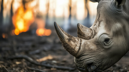 Amidst the devastation of a wildfire, an endangered rhino stands resilient, a symbol of the urgent fight against poaching and environmental destruction affecting wildlife