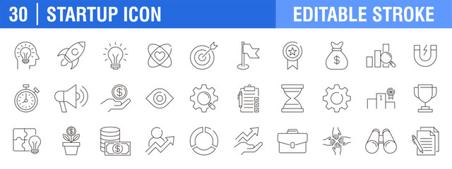 Collection of startup icons. Business, innovation, launch, investment. Vector design template, signs, symbols, editable stroke.