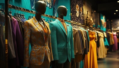 Fototapeta premium Elegant Fashion Boutique Display: Teal and Gold Suits