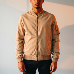 Man wearing tan bomber jacket on plain background for fashion shoot