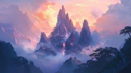 Majestic mountain peaks shrouded in mist at sunset.