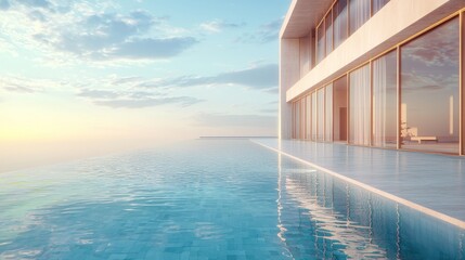 Modern house with infinity pool at sunset.
