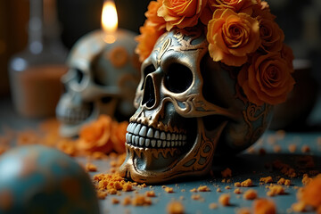 Colorful Dia de Muertos Skull Decorated with Roses and Candles for Celebration