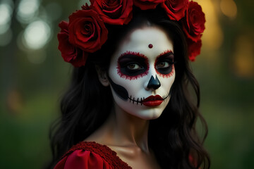 Elegant Dia de Muertos Portrait of a Woman with Sugar Skull Makeup and Flowers