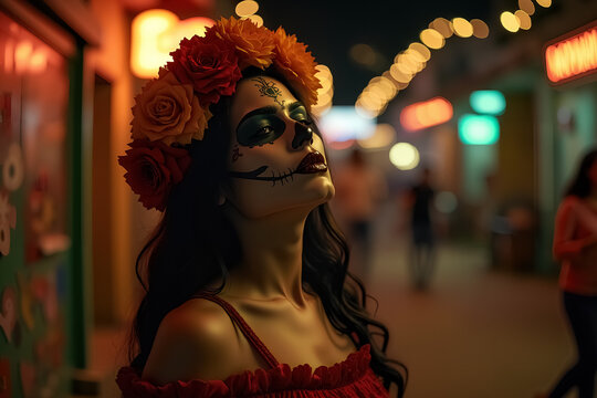 Enchanting Dia de Muertos Celebration Portrait with Vibrant Calavera Makeup and Flowers