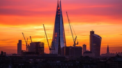 Obraz premium Vibrant sunset over London skyline with skyscrapers and construction cranes.