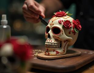 Colorful Sugar Skull Decoration for Dia de Muertos Celebration with Red Roses