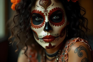 Gorgeous Dia de Muertos Skincare Art with Intricate Sugar Skull Makeup and Flowers