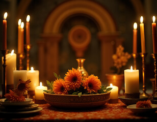 Vibrant Dia de Muertos Altar Featuring Candles and Marigolds in Soft Lighting