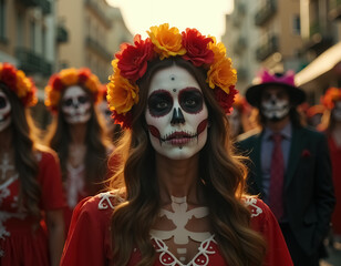 Vibrant Dia de Muertos Celebration Featuring Colorful Calavera Makeup and Attire