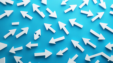 Multiple white arrows pointing in various directions on a blue background. concept of choice, decisions, paths, and directions in life. Chaos - Storm. Illustration