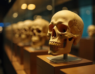 Vibrant Day of the Dead Skulls Displayed in a Cultural Exhibition Setting