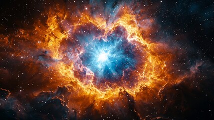 Supernova remnant forming a colorful nebula intricate filaments of glowing gas expanding outward