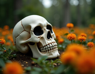 Colorful Dia de Muertos Celebration Featuring Skull Surrounded by Marigold Flowers