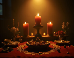 Traditionally Decorated Altar for Dia de Muertos with Candles and Sweet Offerings