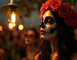 Vibrant Dia de Muertos Celebration Featuring Beautifully Decorated Skull Faces