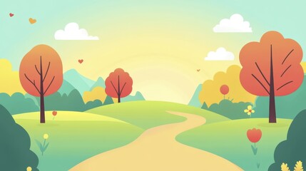 Fototapeta premium Autumnal Landscape: Serene Pathway Winding Through Colorful Hills and Trees