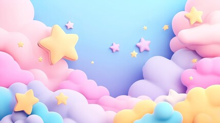 Pastel Clouds and Stars Dreamy Background Soft Colorful 3D Render Illustration Sweet Design Cute Fantasy Sky Wallpaper Happy Childish Scene Whimsical 