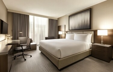 Fototapeta premium Modern hotel room interior with comfortable bed, desk, and view. Suitable for tourism and hospitality stock photography
