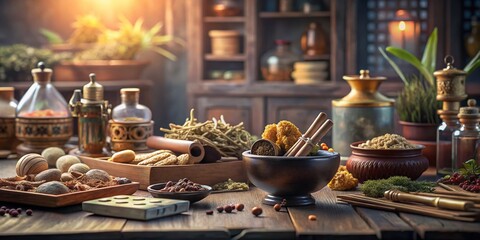 Fototapeta premium Ancient Chinese Medicine: Moxibustion & Herbal Remedies, High-Depth-of-Field Stock Photo