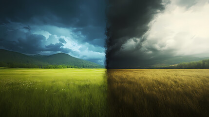 Split landscape showing serene, tranquil meadow on one side, with dark, stormy chaos on the other, sharp contrast of light and shadow. Chaos - Storm. Illustration