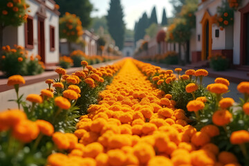 Vibrant Marigold Flowers Lining Pathway on Day of the Dead Celebration