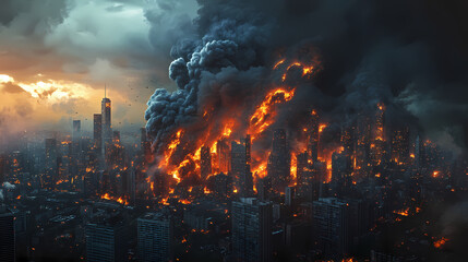 Obraz premium Towering smoke plume rises from burning cityscape, fire, crisis, chaos. Chaos - Storm. Illustration