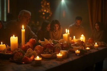 Vibrant Dia de Muertos Celebration with Altar Full of Flowers and Candles
