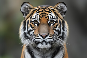 Naklejka premium The lifelike portrait captures a Bengal tiger nestled in its lush habitat, featuring striking eyes and a perfect pattern of stripes that reveals its indomitable wild spirit and strength