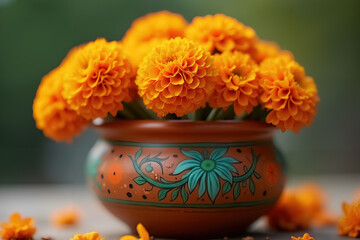 Vibrant Marigold Flowers in Decorative Pot Celebrating Dia de Muertos Tradition