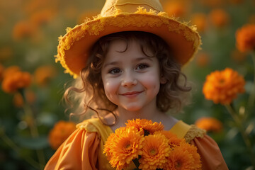 Vibrant Dia de Muertos Celebration with Child Dressed in Yellow and Marigold Flowers