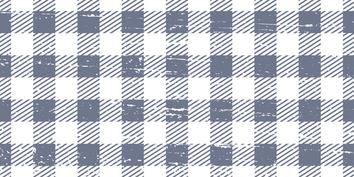 Seamless pattern in gingham. Scottish tartan texture. Checked vichy. Gray and white geometric banner. Checkered pattern with distressed grunge grainy texture. Abstract background. Vector noise.