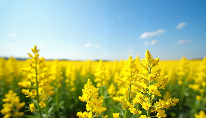 Mustard field in bloom under a clear blue sky