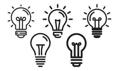 The bulb line icon set features a collection of idea bulb icons in a clean, flat style, modern stock vector design suitable for creativity, innovation, and energy concepts.