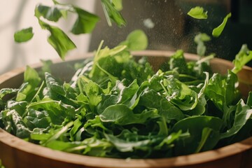 Crisp lettuce, spinach, and arugula are gently tossed in a wooden bowl.