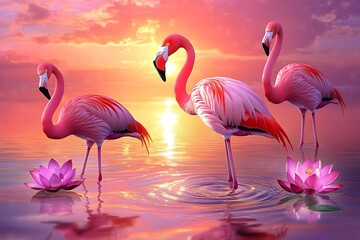 Fototapeta premium Flamingos at Sunset by a Serene Lake with Lotus Flowers